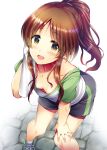  1girl :d black_shorts breasts brown_hair cleavage collarbone downblouse eyebrows_visible_through_hair green_footwear hand_on_own_knee highres idolmaster idolmaster_cinderella_girls looking_at_viewer ment open_mouth ponytail shoes short_hair_with_long_locks shorts simple_background small_breasts smile solo sportswear standing sweat takamori_aiko towel white_background yellow_eyes 