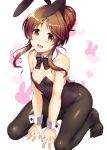 1girl :d animal_ears bare_shoulders black_legwear breasts brown_hair bunny_ears bunny_girl bunnysuit cleavage detached_collar highres idolmaster idolmaster_cinderella_girls kneeling looking_at_viewer ment open_mouth pantyhose short_hair small_breasts smile solo takamori_aiko yellow_eyes 