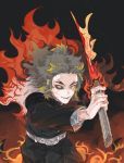  1boy belt blonde_hair cape cowboy_shot dark fire flame_print flame_sword flaming_weapon fuji_(c-b-s) grey_hair grin heterochromia highres holding holding_sword holding_weapon kimetsu_no_yaiba long_hair long_sleeves looking_at_viewer male_focus mismatched_sclera outstretched_arm red_eyes rengoku_kyoujurou ringed_eyes smile solo sword uniform veins weapon yellow_eyes 