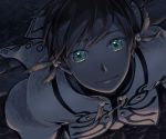  1boy bangs brown_hair cloak closed_mouth commentary_request earrings feather_earrings from_above graphite_(medium) green_eyes jewelry looking_at_viewer looking_up male_focus mechanical_pencil pencil reflective_eyes smile solo sorey_(tales) stone_floor swept_bangs tales_of_(series) tales_of_zestiria traditional_media upper_body watari_taichi 