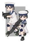  2girls badge black_footwear black_gloves blue_sailor_collar border dress dual_persona elbow_pads gloves grey_background gun h&amp;k_mp5k harukaze_unipo hat hiburi_(kantai_collection) kantai_collection knee_pads multiple_girls panzerfaust_3 rocket_launcher sailor_collar sailor_dress sailor_hat shoes short_sleeves sneakers squatting standing submachine_gun two-tone_background weapon weapon_request white_border white_dress white_headwear white_legwear 