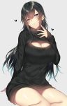  1girl bangs black_hair black_sweater blue_eyes blush breasts cleavage hair_between_eyes heart highres long_hair looking_at_viewer meme_attire onineko-chan open-chest_sweater original parted_lips sitting sleeves_past_wrists solo sweater 