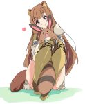  1girl animal_ears bangs blunt_bangs blush brown_hair brown_legwear closed_mouth commentary_request eyebrows_visible_through_hair gen_2_pokemon heart long_hair looking_at_another pink_eyes pokemon pokemon_(creature) raccoon_ears raccoon_girl raccoon_tail raphtalia sentret simple_background sitting smile tail tate_no_yuusha_no_nariagari thighhighs umanosuke white_background 