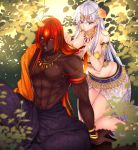  1boy 1girl alternate_hair_length alternate_hairstyle anklet ashwatthama_(fate/grand_order) bare_legs bracelet breasts circlet cleavage dark_skin earrings fate/grand_order fate_(series) flower hair_flower hair_ornament highres jewelry kama_(fate/grand_order) kneeling large_breasts leaf long_hair looking_at_another mia_(gute-nacht-07) muscle navel necklace red_eyes red_hair shiny shiny_skin shirtless sitting white_hair yellow_eyes 