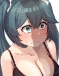  1girl bangs black_bra blue_eyes blue_hair blush bra breasts cleavage closed_mouth commentary_request eyebrows_visible_through_hair hair_ribbon isuzu_(kantai_collection) kantai_collection long_hair looking_at_another ribbon shadow simple_background surprised sweatdrop takahashi_meishin twintails underwear underwear_only upper_body wavy_mouth white_background white_ribbon 