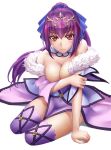  1girl areola_slip areolae arm_support bangs boots breasts covering covering_breasts dress fate/grand_order fate_(series) fur-trimmed_dress fur_trim hair_between_eyes headpiece highres kneeling large_breasts looking_at_viewer moon_(xul4eji6bp4) purple_dress purple_hair purple_ribbon red_eyes ribbon scathach_(fate)_(all) scathach_skadi_(fate/grand_order) solo thigh_boots thighhighs tiara torn_clothes 