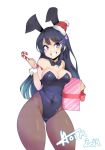  1girl 2019 animal_ears artist_name ass_visible_through_thighs bangs bare_shoulders black_bow black_hair black_legwear blue_eyes blunt_bangs blunt_ends blush bow bowtie breasts bunny_ears bunny_hair_ornament bunnysuit candy candy_cane christmas christmas_present cleavage commentary covered_navel detached_collar dot_nose english_commentary eyebrows_visible_through_hair food gift grin hair_ornament hairclip hands_up hat highleg highleg_leotard highres holding holding_candy_cane holding_gift hot_vr large_breasts leotard long_hair looking_at_viewer pantyhose red_headwear sakurajima_mai santa_hat seishun_buta_yarou sidelocks signature skindentation smile standing thick_thighs thighs wide_hips wrist_cuffs 
