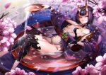  1girl bangs bare_shoulders bob_cut breasts cluseller commentary_request cup fate/grand_order fate_(series) horns japanese_clothes kimono long_hair looking_at_viewer navel oni oni_horns open_clothes open_kimono open_mouth purple_eyes purple_hair purple_kimono red_hair revealing_clothes short_hair shuten_douji_(fate/grand_order) skin-covered_horns small_breasts smile solo 