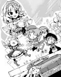  1girl alice_margatroid bow capelet coin commentary_request doll dress fifiruu fighting flying_kick frilled_hairband frills greyscale hair_bow hairband holding holding_knife hong_meiling izayoi_sakuya kicking knife long_hair long_sleeves monochrome open_mouth puppet_rings remilia_scarlet shanghai_doll short_sleeves sign smile stage star touhou 