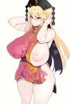  1girl absurdres areolae blonde_hair blush breasts chinese_clothes closed_mouth commentary_request eyebrows_visible_through_hair hair_between_eyes highres huge_breasts junko_(touhou) kedamono_kangoku-tou lactation large_areolae long_hair looking_at_viewer naked_tabard nipples no_panties polos_crown red_eyes simple_background smile solo tabard touhou white_background 