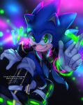  1boy arm_up belt blue_hair blue_neckwear bracelet collar gloves glowing glowstick green_eyes highres holding holding_test_tube insertsomthinawesome jewelry long_sleeves male_focus necktie polka_dot polka_dot_neckwear shoes smile solo sonic sonic_the_hedgehog spiked_hair test_tube white_gloves 