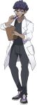  1boy beard black_hair black_shirt bright_pupils clipboard closed_mouth facial_hair full_body grey_pants highres holding holding_clipboard hop_(pokemon) labcoat male_focus older pants pen pen_to_mouth pokemon pokemon_(game) pokemon_swsh sgrimp shirt shoes simple_background smile sneakers solo sweatpants white_background yellow_eyes 