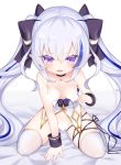  1girl :d bangs bare_shoulders bed_sheet between_legs black_bow black_ribbon blue_hair bow breasts censored collarbone commentary_request eyebrows_visible_through_hair hair_between_eyes hair_bow hand_between_legs heart heart_censor highres koko_ne_(user_fpm6842) long_hair looking_at_viewer medium_breasts multicolored_hair navel open_mouth original purple_eyes ribbon sidelocks silver_hair sitting skindentation smile solo streaked_hair thighhighs very_long_hair wariza white_background white_legwear wrist_cuffs 