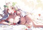  1girl ahoge black_bra black_panties blonde_hair bra breasts cleavage fate/grand_order fate_(series) flower flower_bracelet food fruit glass jeanne_d&#039;arc_(alter)_(fate) jeanne_d&#039;arc_(fate)_(all) kanola_u large_breasts long_hair looking_at_viewer lying mouth_hold navel open_clothes open_shirt panties shirt solo strawberry underwear very_long_hair white_shirt yellow_eyes 