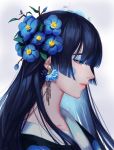  1girl absurdres bangs black_hair blue_eyes blue_flower blue_hair blue_theme blunt_bangs blush_stickers camellia chain chain_earrings closed_mouth earrings eyelashes eyeshadow flower flower_earrings gang_g hair_flower hair_ornament half-closed_eyes highres hime_cut japanese_clothes jewelry kimono long_hair makeup original pearl_earrings portrait profile sidelocks simple_background solo 