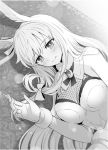  1girl blush breasts capelet cleavage commentary_request fate/grand_order fate_(series) fishnets gloves greyscale head_wings large_breasts light_smile long_hair looking_at_viewer lying monochrome on_side ring_the_bell solo thrud_(fate/grand_order) upper_body valkyrie_(fate/grand_order) yamoge 