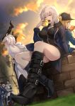  2boys 3girls ahoge arm_support armor armored_dress artoria_pendragon_(all) bangs baseball_cap boots breasts cape day eating fate/grand_order fate_(series) food fujimaru_ritsuka_(male) fur_trim golden_apple hat high_heel_boots high_heels highres jacket jeanne_d&#039;arc_(alter)_(fate) jeanne_d&#039;arc_(fate)_(all) jewelry keigen_hichou large_breasts long_sleeves looking_at_viewer mash_kyrielight merlin_(fate) multiple_boys multiple_girls mysterious_heroine_x necklace open_clothes open_jacket open_mouth outdoors pie shield short_hair sitting staff thighs 