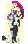  blue_hair blue_oni buchichu couple green_eyes kojirou_(pokemon) musashi_(pokemon) oni pokemon pokemon_(anime) red_hair red_oni team_rocket yellow_background 