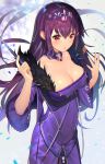  1girl arm_up bangs breasts cleavage covered_navel dress fate/grand_order fate_(series) feather_trim fur-trimmed_dress fur_trim hair_between_eyes headpiece holding holding_wand large_breasts long_hair looking_afar nayuta_(una) purple_dress purple_hair red_eyes scathach_(fate)_(all) scathach_skadi_(fate/grand_order) snow tiara wand wide_sleeves 
