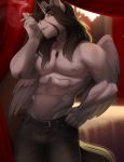  abs black_hair blood bodily_fluids cigarette clothed clothing equid evehly fan_character fangs hair horn jewelry long_hair male mammal my_little_pony necklace red_eyes scar smoke smoking solo topless virgil_(oc) winged_unicorn wings 
