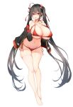  1girl absurdres ahoge azur_lane bangs bare_shoulders bikini black_hair blush breasts chixiao cleavage collarbone commentary_request crossed_bangs eyebrows_visible_through_hair finger_to_mouth full_body hair_between_eyes hair_ribbon hands_up highres huge_breasts leaning_forward long_hair looking_at_viewer navel off_shoulder red_bikini red_eyes ribbon side-tie_bikini simple_background single_thighhigh smile solo striped striped_ribbon swimsuit taihou_(azur_lane) thighhighs thighs tied_hair tongue tongue_out twintails very_long_hair white_background white_legwear 