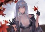  1girl absurdres autumn autumn_leaves azur_lane bare_shoulders bird black_bikini_top black_choker breasts casual choker eagle earrings enterprise_(azur_lane) falling_leaves gloves grey_jacket hair_between_eyes hair_ornament half_gloves highres holding jacket jewelry large_breasts leaf long_hair looking_at_viewer maple_leaf off_shoulder parted_lips pink_gloves purple_eyes see-through silver_hair solo star star_hair_ornament upper_body wide_sleeves youximiaomiao 