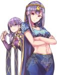  2girls alternate_hairstyle breasts circlet cosplay costume_switch crossed_arms fate/grand_order fate_(series) hairstyle_switch highres indian_clothes jewelry kama_(fate/grand_order) long_hair matou_sakura medium_breasts midriff multiple_girls parvati_(fate/grand_order) pout purple_hair ring sh22 silver_hair smile white_background 