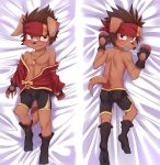  band-aid bandage blush bodily_fluids bulge canid canine clothed clothing dakimakura_design hi_res male mammal manadezimon pecs solo tears topless young 