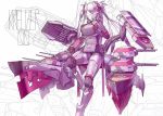  1girl artist_name azur_lane bangs breasts cannon commentary double-breasted english_commentary finger_to_mouth glowing glowing_eyes hair_over_one_eye highres iron_cross kreuzer_00 large_breasts leg_up long_hair mecha_musume mechanical multicolored_hair no_mouth prinz_eugen_(azur_lane) rigging signature solo standing standing_on_one_leg streaked_hair thighhighs two_side_up white_hair yellow_eyes zettai_ryouiki 