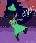  2019 anthro black_body black_fur bovid caprine clothed clothing deltarune digital_media_(artwork) eyewear fur glasses goat green_clothing green_hat green_headwear gun hair hat headgear headwear hi_res holding_gun holding_object holding_weapon invalid_background male mammal ralsei ralsei_with_a_gun ranged_weapon scarf simple_background solo starrffax text video_games weapon 