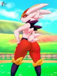  2019 anthro breasts butt cinderace female fur hand_on_hip hi_res lagomorph looking_at_viewer mammal masterploxy nintendo outside pok&eacute;mon pok&eacute;mon_(species) red_eyes signature sky small_breasts solo video_games white_body white_fur 