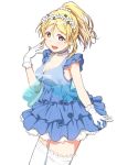  1girl ayase_eli bangs beads blonde_hair blue_choker blue_dress blue_eyes blush breasts choker commentary_request dress eyebrows_visible_through_hair flower frilled_choker frilled_dress frilled_legwear frills gloves hair_beads hair_flower hair_ornament hand_up highres looking_at_viewer love_live! love_live!_school_idol_project open_mouth ponytail simple_background skull573 sleeveless smile solo thighhighs white_background white_gloves white_legwear 
