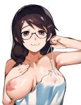  1girl bakemonogatari black_eyes black_hair breasts closed_mouth covered_nipples glasses hanekawa_tsubasa inverted_nipples large_breasts lingerie long_hair looking_at_viewer monogatari_(series) negligee nipples roropull semi-rimless_eyewear simple_background solo under-rim_eyewear underwear upper_body white_background 