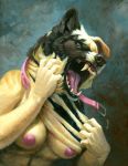  2019 anthro areola black_nose breasts canid canine canis digital_media_(artwork) domestic_dog female fur hibbary mammal nipples open_mouth solo teeth tongue yellow_body yellow_fur 