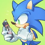  1boy amused cellphone chao_(sonic) chin_stroking deviantart gloves green_background green_eyes hedgehog highres male_focus phone pockypalooza simple_background smartphone solo sonic sonic_the_hedgehog super_smash_bros. white_gloves yellow_pupils 