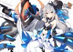  blush bronya_zaychik elbow_gloves gloves gray_eyes gray_hair headdress honkai_impact logo long_hair mechagirl navel pantyhose skirt w.k 