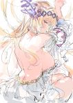  1girl bare_back bare_shoulders blonde_hair breasts detached_sleeves dress granblue_fantasy hairband highres jeanne_d&#039;arc_(granblue_fantasy) large_breasts looking_back purple_eyes sideboob sketch solo umibouzu_(niito) white_background white_dress work_in_progress 