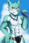  abs band-aid bandage biceps blush bulge canid canine canis clothed clothing hi_res male mammal manadezimon muscular muscular_male pecs solo speedo swimming_goggles swimwear topless wet wolf 