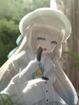  .live 1girl animal_ears bangs bassa bell blue_eyes blunt_bangs blurry blurry_background blush bush commentary_request dress eyebrows_visible_through_hair gloves grass hat highres hime_cut long_hair merry_milk merry_milk_no_mori open_mouth sheep_ears sitting solo tree virtual_youtuber 