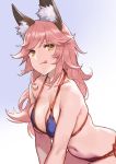  1girl absurdres animal_ears bikini breast_squeeze breasts cancer_(zjcconan) closed_mouth fate/grand_order fate_(series) fox_ears highres large_breasts long_hair looking_away pink_hair swimsuit tamamo_(fate)_(all) tamamo_no_mae_(fate) tamamo_no_mae_(swimsuit_lancer)_(fate) tongue tongue_out 