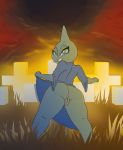  2d_animation animated anthro blue_eyes butt clothing cross female grass grey_body grey_skin hi_res iguanasarecool nintendo outside pok&eacute;mon pok&eacute;mon_(species) pussy robe shuppet smile thick_thighs video_games wide_hips 