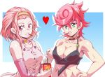  2girls armband bocodamondo breasts choker cleavage food green_eyes hairband hand_on_hip heart jojo_no_kimyou_na_bouken large_breasts looking_at_viewer midriff multiple_girls navel pink_eyes pink_hair pocky short_hair shoulders sugimoto_reimi toned trish_una 