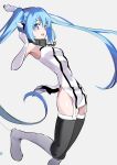  1girl bangs black_legwear blue_eyes blue_hair boots breasts chain collar eyebrows_behind_hair eyebrows_visible_through_hair from_side highres long_hair looking_at_viewer manno_(kanpi2100) nymph_(sora_no_otoshimono) open_mouth simple_background sleeveless smile solo sora_no_otoshimono thighhighs twintails white_background 