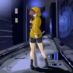  1girl ahoge alley bike_shorts breasts brown_eyes brown_hair chaesu dual_wielding highres holding holding_knife holding_sword holding_weapon hood hoodie huge_ahoge knife linne looking_at_viewer looking_back reverse_grip short_hair small_breasts solo sword under_night_in-birth weapon yellow_hoodie 