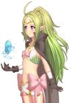  1girl ahoge bangs belt black_gloves circlet cloak closed_mouth commentary fire_emblem fire_emblem_awakening fire_emblem_heroes flat_chest floating floating_object gem gloves green_hair long_hair looking_to_the_side manakete midriff navel nowi_(fire_emblem) parted_bangs pointy_ears ponytail purple_eyes rere_(yusuke) ribbon short_shorts shorts simple_background smile solo sparkle tagme white_background 