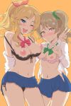  2girls ;d bangs black_bra black_panties blonde_hair blue_eyes blue_skirt blush bow bowtie bra breasts breasts_outside brown_eyes brown_hair collarbone dress_shirt earrings eyebrows_visible_through_hair genmon green_bow green_scrunchie hair_ornament hair_ribbon hair_scrunchie heart heart_print highres idolmaster idolmaster_cinderella_girls jewelry long_hair long_sleeves looking_at_viewer medium_breasts miniskirt morikubo_nono multiple_girls navel nipples off_shoulder one_eye_closed ootsuki_yui open_clothes open_mouth open_shirt panties pink_bra pink_panties ponytail red_bow red_ribbon ribbon scrunchie shirt side-tie_panties simple_background skirt small_breasts smile standing strap_slip sweat underwear v wavy_hair white_shirt 