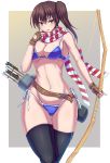  1girl alternate_costume arrow bikini black_legwear blue_bikini border breasts brown_eyes brown_gloves brown_hair cleavage commentary_request gloves grey_background highres kaga_(kantai_collection) kantai_collection large_breasts long_hair looking_at_viewer partly_fingerless_gloves quiver scarf side-tie_bikini side_ponytail solo standing striped striped_scarf swimsuit thick_thighs thighhighs thighs two-tone_background volk_(bo-tan) white_border yugake yumi_(bow) 