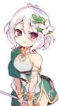  1girl baku-p bare_shoulders bracelet character_request flower hair_flower hair_ornament head_tilt holding holding_weapon jewelry looking_at_viewer purple_eyes strap tagme thighs weapon white_background white_hair 