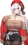  1girl aran_sweater azur_lane belfast_(azur_lane) belfast_(shopping_with_the_head_maid)_(azur_lane) beret between_breasts blush breasts brown_sweater choker cleavage collarbone commentary_request cowboy_shot earrings food hat highres hoop_earrings jewelry k_jin large_breasts long_hair looking_at_viewer off-shoulder_sweater off_shoulder pocky shawl silver_hair skirt smile solo sweater 