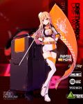  15k 1girl alternate_costume bangs belt blonde_hair boots breasts buckle character_name checkered checkered_flag choker cleavage collarbone cropped_jacket flag full_body girls_frontline gloves hat high_heel_boots high_heels highres holding holding_flag jacket large_breasts logo long_hair looking_at_viewer m2hb_(girls_frontline) midriff multicolored multicolored_clothes multicolored_footwear multicolored_gloves multicolored_jacket multicolored_skirt navel official_art orange_choker race_queen red_eyes skirt sleeve_cuffs smile solo thigh_boots thighhighs weapon_case 